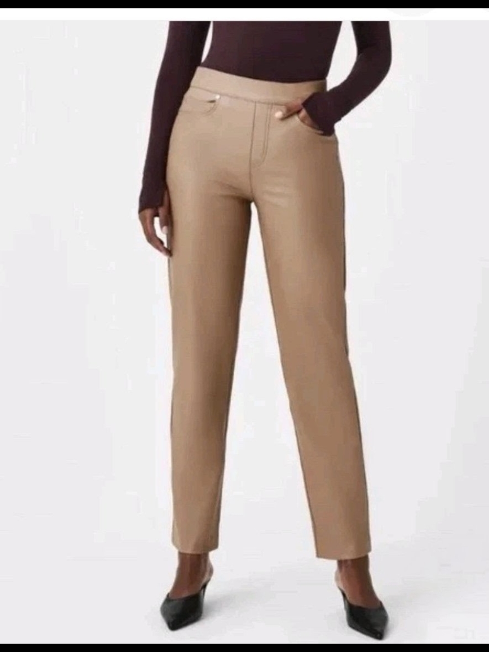 SPANX Women's Slim Straight Leg Faux Leather Pants Toffee High-Rise Size L NWOT